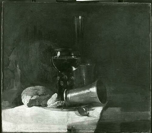 Still life with bread, a lemon, cups and a roemer on a pewter, 1904, Christoffel Bisschop