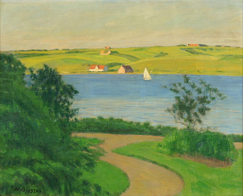 Landscape at an inlet with a sailboat., 1930, Niels Bjerre