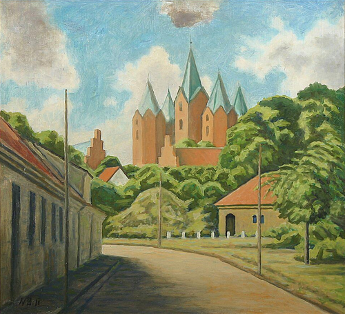 Scenery from Kalundborg with the church., 1918, Niels Bjerre