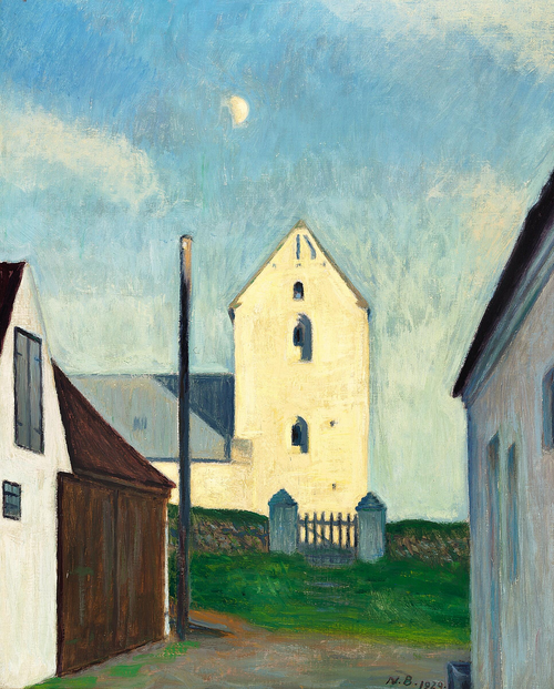A church tower at sunset., 1929, Niels Bjerre