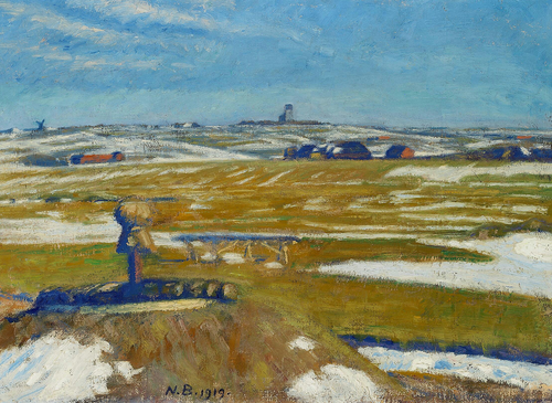 Thaw. A view of Tørring church., 1919, Niels Bjerre