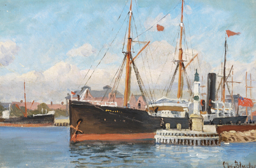 Harbour scene with ships., 1888, Christian Blache