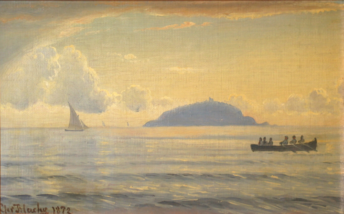 Marine with numerous boats off an island., 1872, Christian Blache