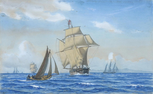 Coastal view with sailing ships., 1868, Christian Blache
