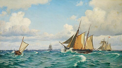 Sailing ships at sea., 1897, Christian Blache