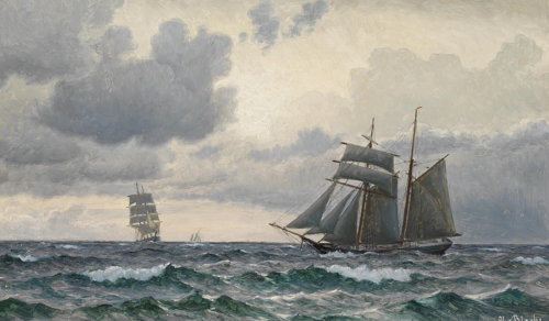 Sailing ships at sea on a cloudy day., 1888, Christian Blache