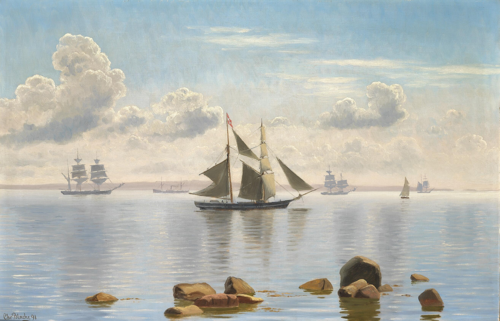 Sailing ships at sea on a calm summer day., 1891, Christian Blache