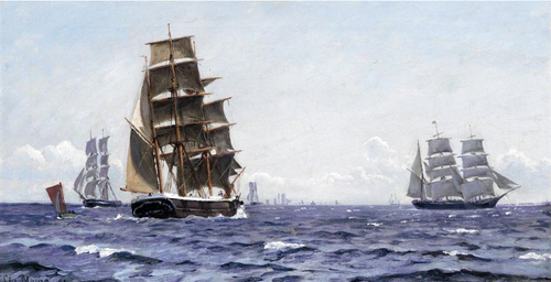 Sailing ships in choppy water., 1894, Christian Blache