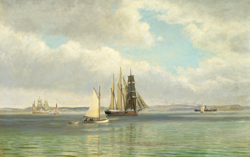 Sailing ships off the coast at Ellekilde., 1913, Christian Blache