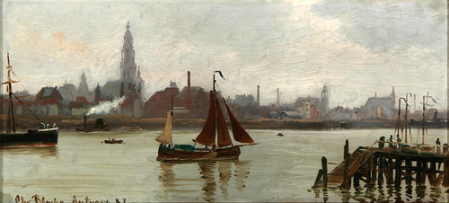 A harbour scenery from Antwerp., 1883, Christian Blache