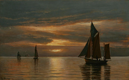 Several ships at sea at sunset., 1891, Christian Blache