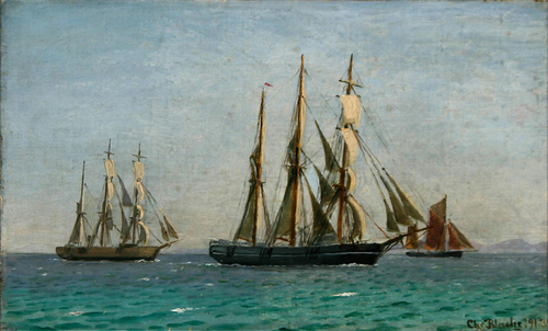 A seascape with three sailing ships., 1913, Christian Blache