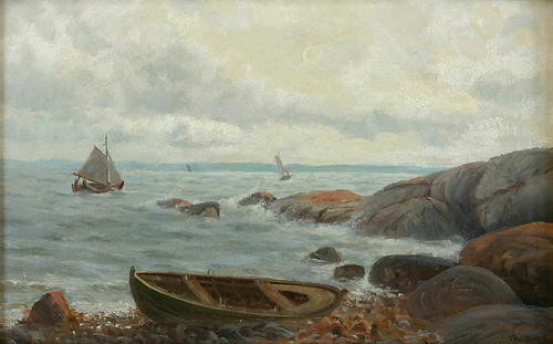 Costal scene with rocks and boats., 1888, Christian Blache