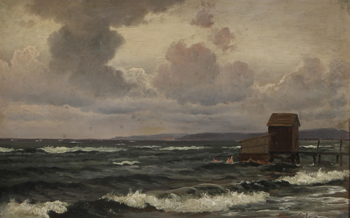 Coastal scenery with bathers at Hornbæk beach., 1878, Christian Blache
