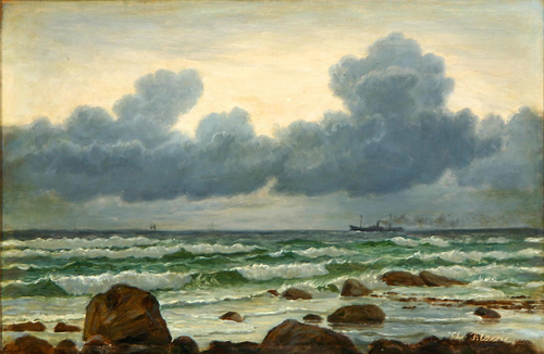 A coastal scenery with a steamship., 1888, Christian Blache