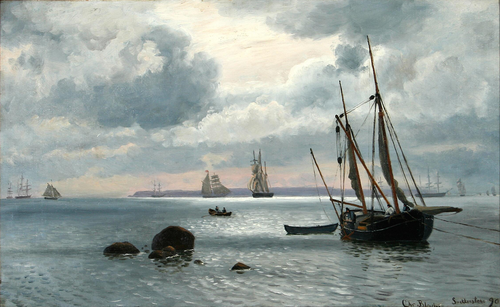 A Danish coastal scenery from Snekkersten Village with the Swedish island Ven in the background., 1890, Christian Blache