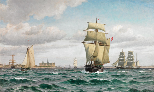 Several sailing ships along the coast of Kronborg Castle., 1888, Christian Blache