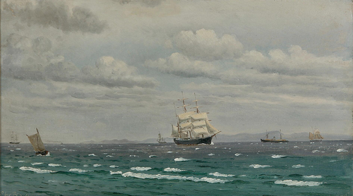 A barque and other ships at sea., 1890, Christian Blache