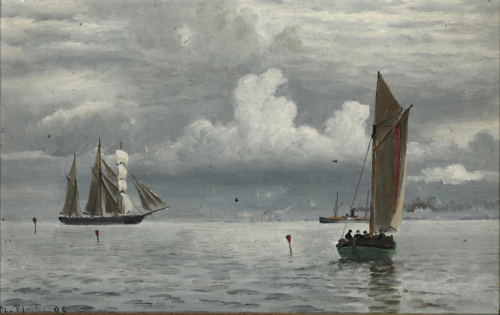 Coastal view with sailing ships and a steamship., 1895, Christian Blache