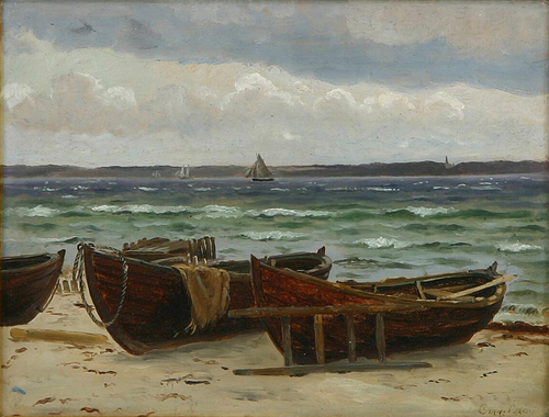 Seascape with boats on a beach., 1888, Christian Blache