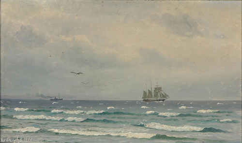 A schooner and a steamship at sea., 1910, Christian Blache