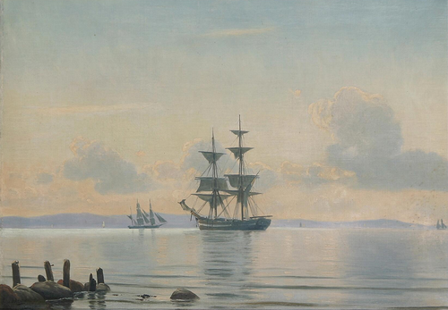 Two sailing ships on a calm sea., 1888, Christian Blache