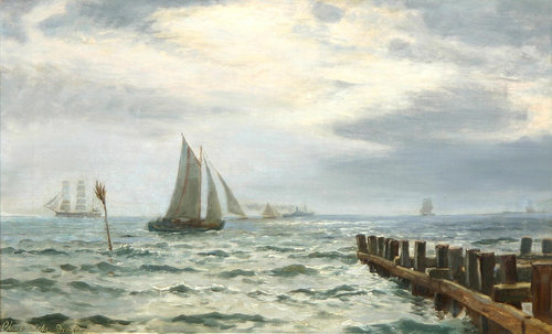 Sailing ships along the coast of Dragør Harbour, Denmark., 1895, Christian Blache
