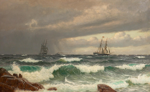 Sailing ships off a rocky coast., 1917, Christian Blache