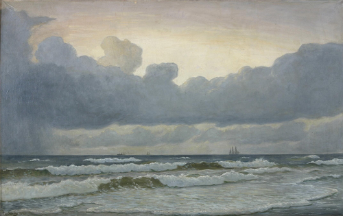 A view over the ocean with sailing- and motorships., 1919, Christian Blache