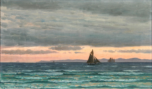 Two sailing ships at sunset., 1910, Christian Blache