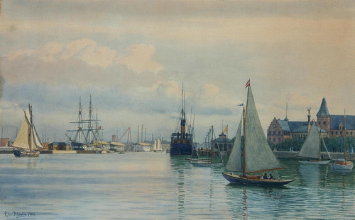 A scenery from Copenhagen Harbour by the customs house., 1903, Christian Blache