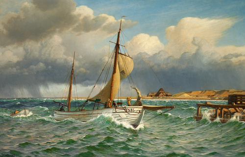 Lower the mainsail. Vesterø Harbour, Læsø., 1908, Christian Blache