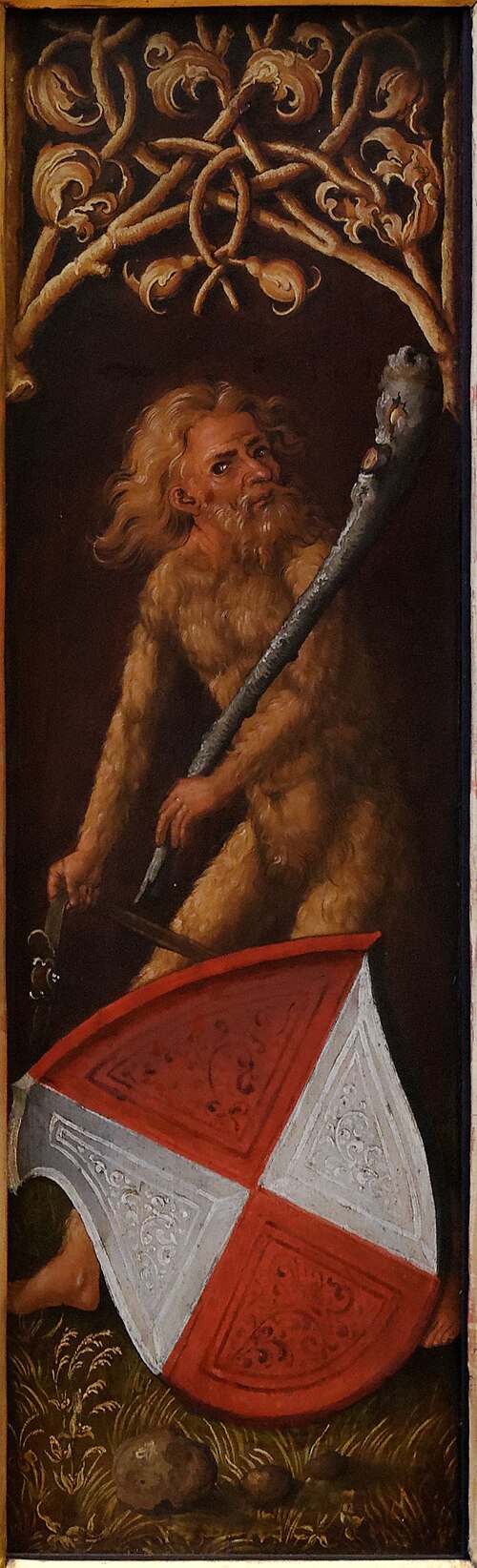 Portrait of Oswolt Krel: "Sylvan Men" with Heraldic Shields of Agathe von Esendorf, 1499, Albrecht Dürer