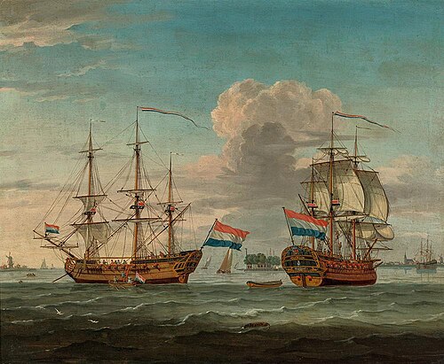 Double portrait of merchant frigate 'El San Juan' on the IJ near the toll house, 1786, Pieter Blaauw