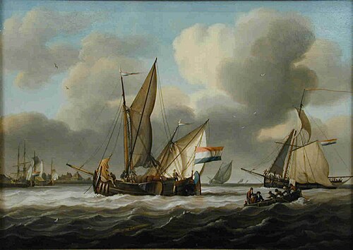 Een beurtman en een kotter voor anker op een onbekende rede, 1800, David Kleyne