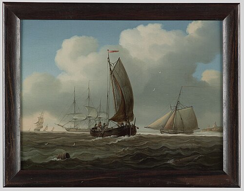 Een boeier, een kotter en een fregatschip op een rede, 1800, David Kleyne