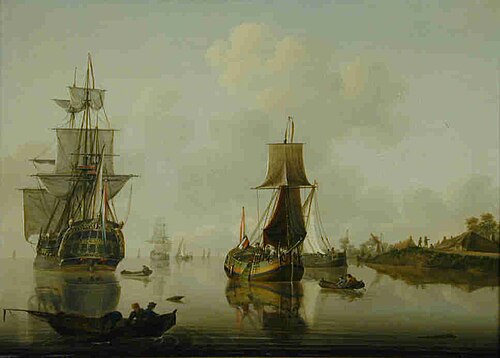 Het fregatschip Triton met een spiegelpaviljoenjacht dat geboegseerd wordt, 1789, David Kleyne