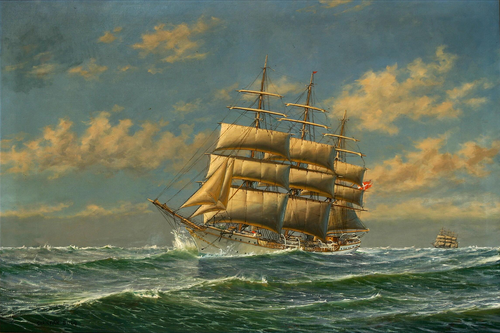 The training ship Danmark at sea., 1922, Christian Bogø
