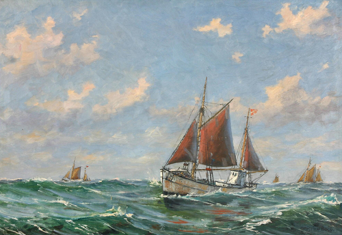 A fishing vessel and other ships at sea., 1922, Christian Bogø