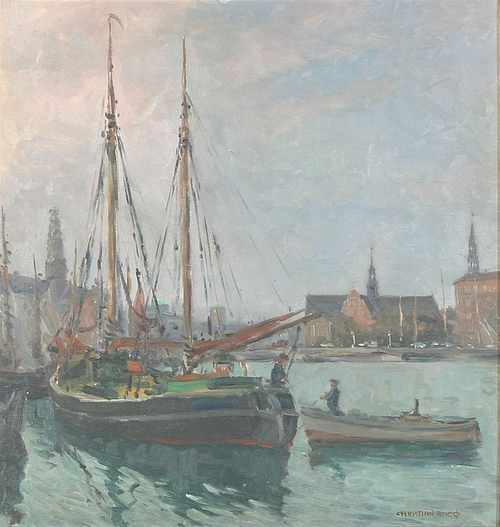View of the Port of Copenhagen with some boats., 1922, Christian Bogø