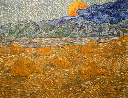 Landscape with wheat sheaves and rising moon, 1889, Vincent van Gogh