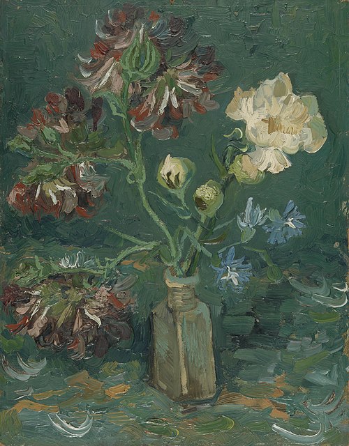 Small Bottle with Peonies and Blue Delphiniums, 1886, Vincent van Gogh