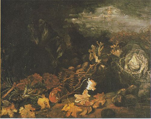 Still Life with a Basket of Potatoes, Surrounded by Autumn Leaves and Vegetables, 1885, Vincent van Gogh