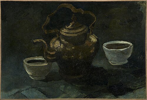 Nature morte, cafetière en cuivre et deux bols blancs, 1885, Vincent van Gogh