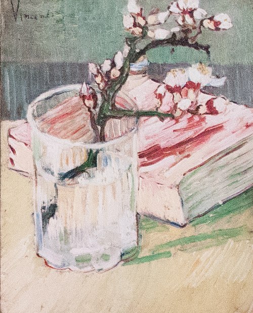 Blossoming Almond Branch in a Glass with a Book, 1888, Vincent van Gogh