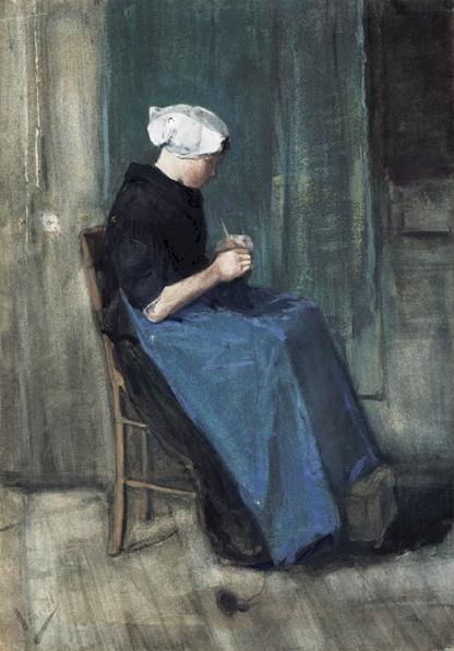 Young Scheveningen Woman Knitting, Facing Right, , Vincent van Gogh