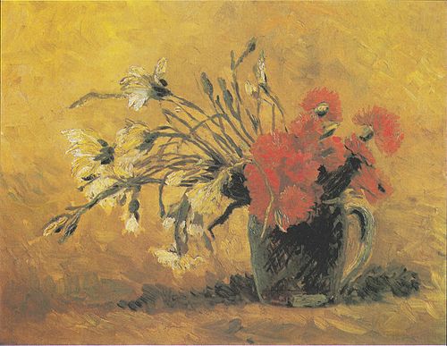 Vase with red and white carnation on a yellow background, 1886, Vincent van Gogh