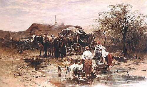 Pogawędka z młodymi praczkami., 1882, Józef Brandt