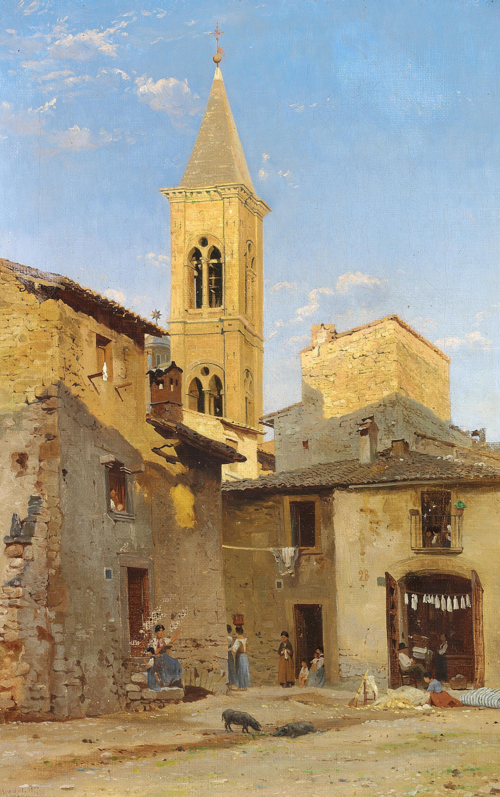 Italian village with a belltower against the summer sky., 1876, Niels Anders Bredal