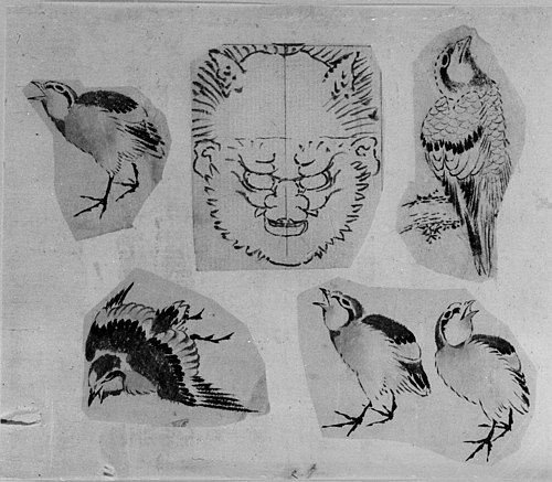 Four sketches of birds and one design for a grotesque mask, mounted together, 1799, Katsushika Hokusai